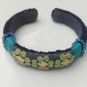 Embroidered Floral Textile Cuff Bracelet Navy Blue Velvet Seed Bead Cottagecore